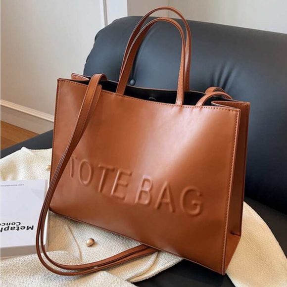 Leather Tote Bag With Pure Color & Letter Design - Picture 3 of 9